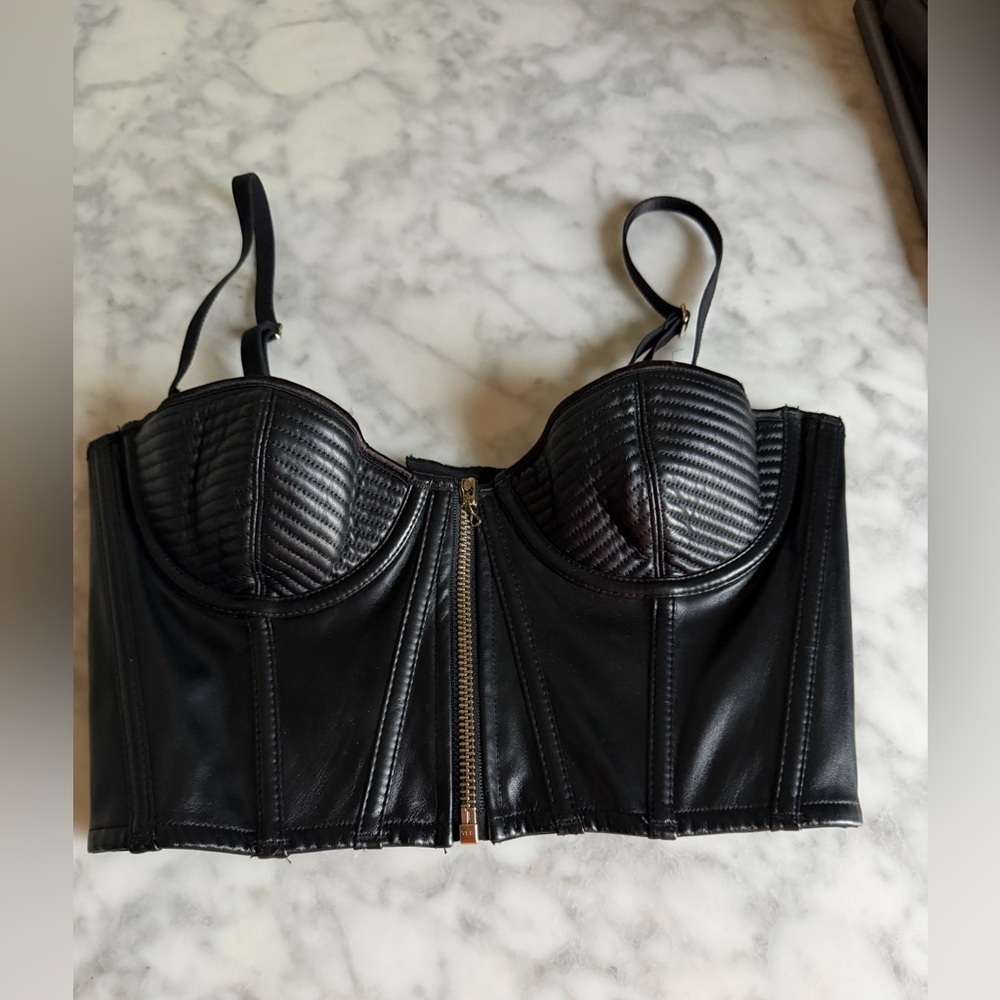 Meshki Intimates Black Faux Leather Bustier Crop Top Feminine Dainty Whimsigoth